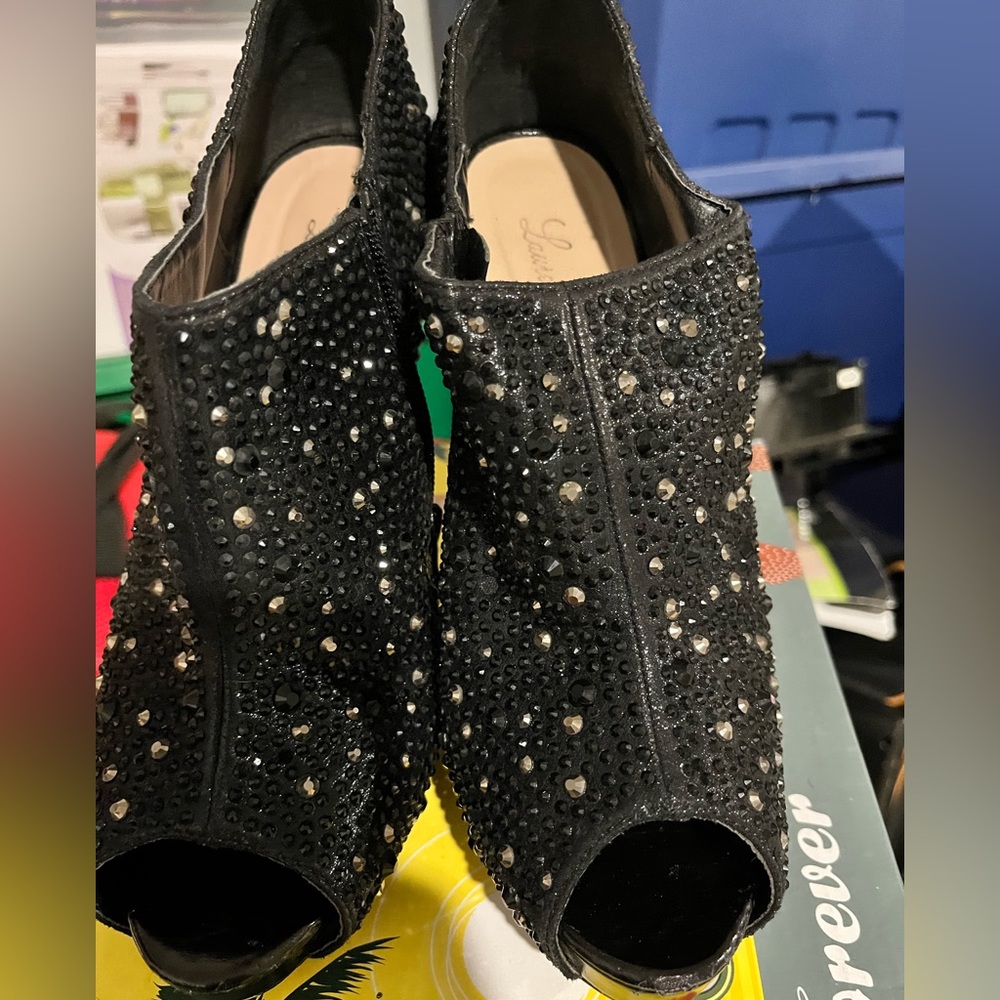 Black jeweled bootie style heels